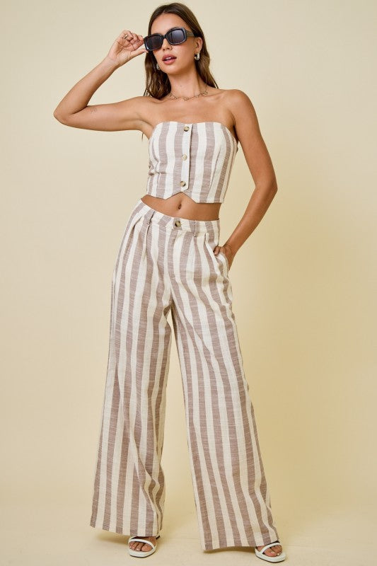 Mocha/Ivory Striped Bandeau Top & Wide-Leg Pant Set