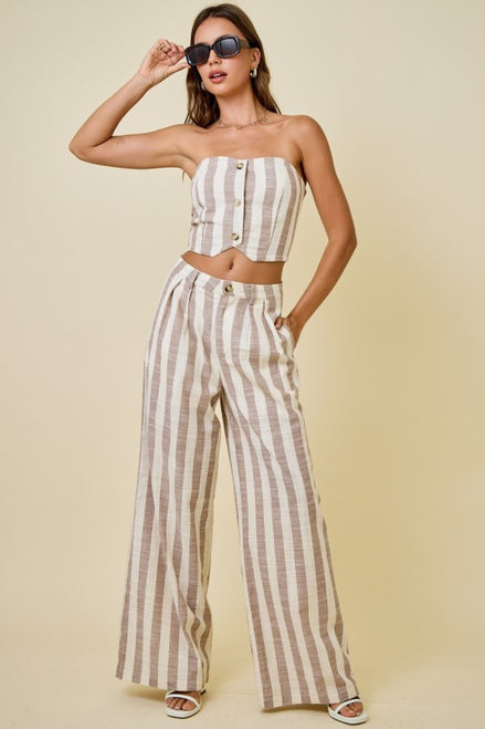Mocha/Ivory Striped Bandeau Top & Wide-Leg Pant Set