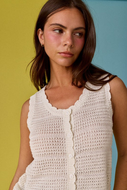 Crochet Knit Scoop Neck Button Down Top