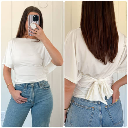 White Draped Short Sleeve Back Tie Top