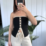 Black Contrast Button Down Strapless Sweater Knit Top