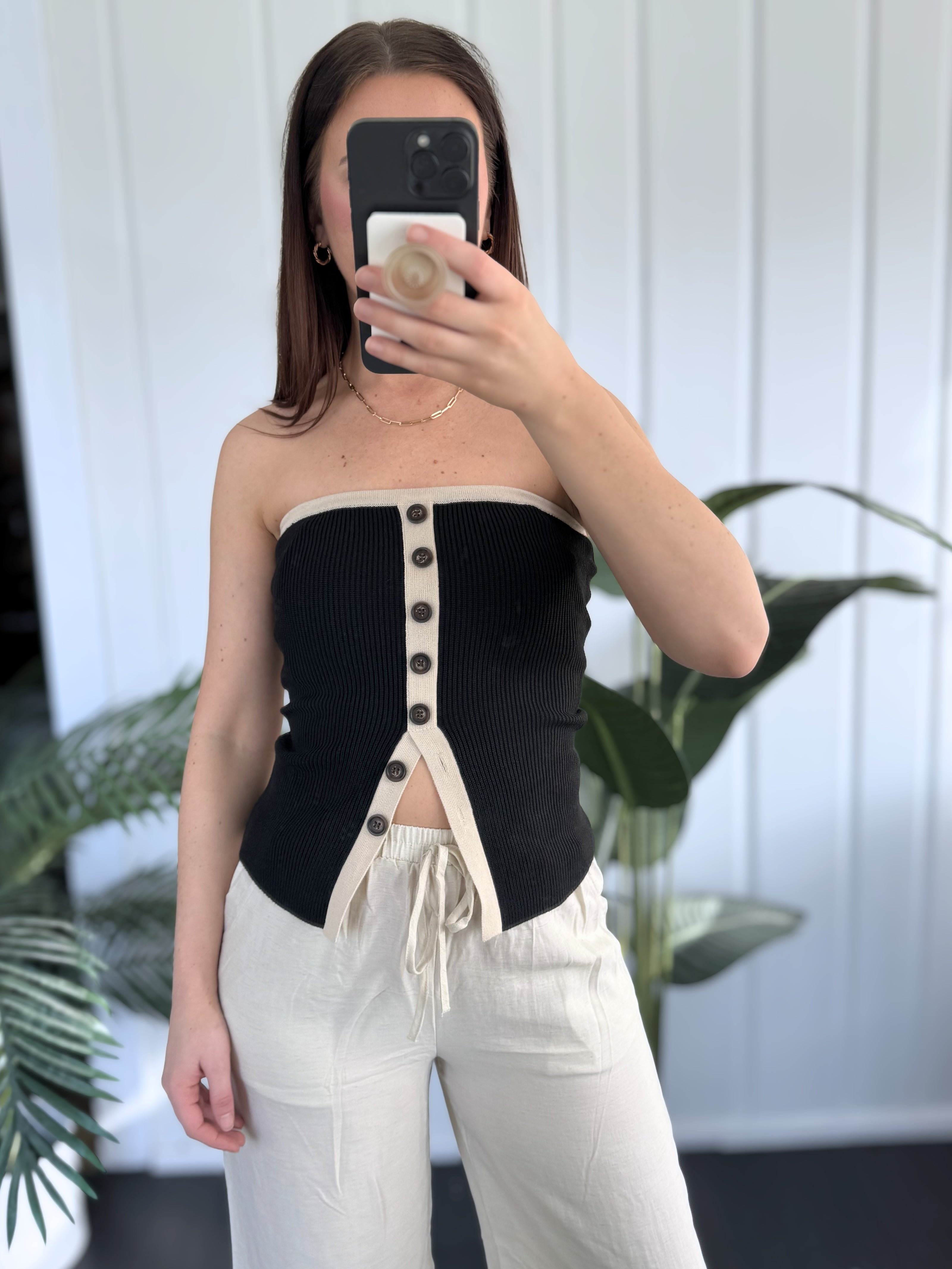 Black Contrast Button Down Strapless Sweater Knit Top
