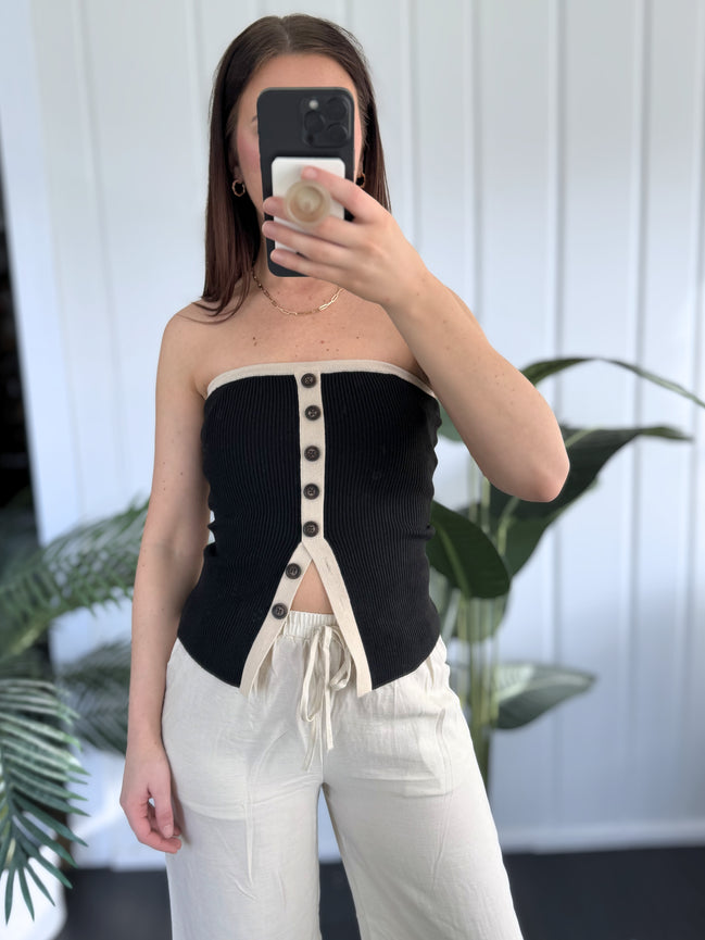 Black Contrast Button Down Strapless Sweater Knit Top