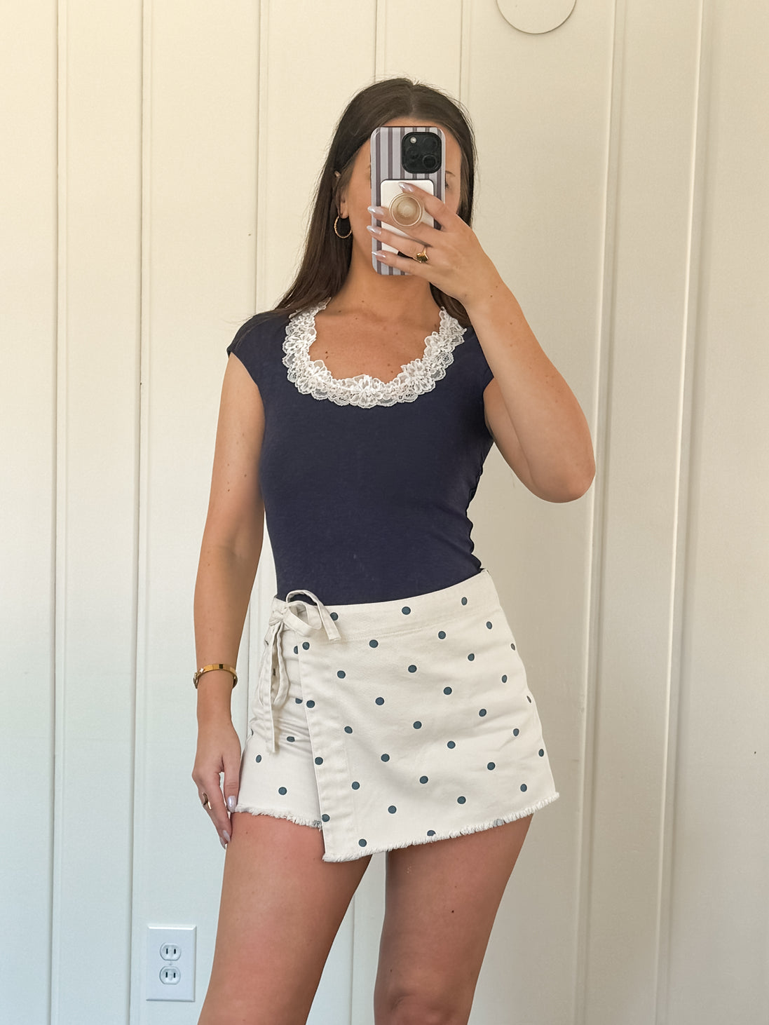 Cream/Navy Polka Dot Printed Denim Tape Detailed Wrap Skirt