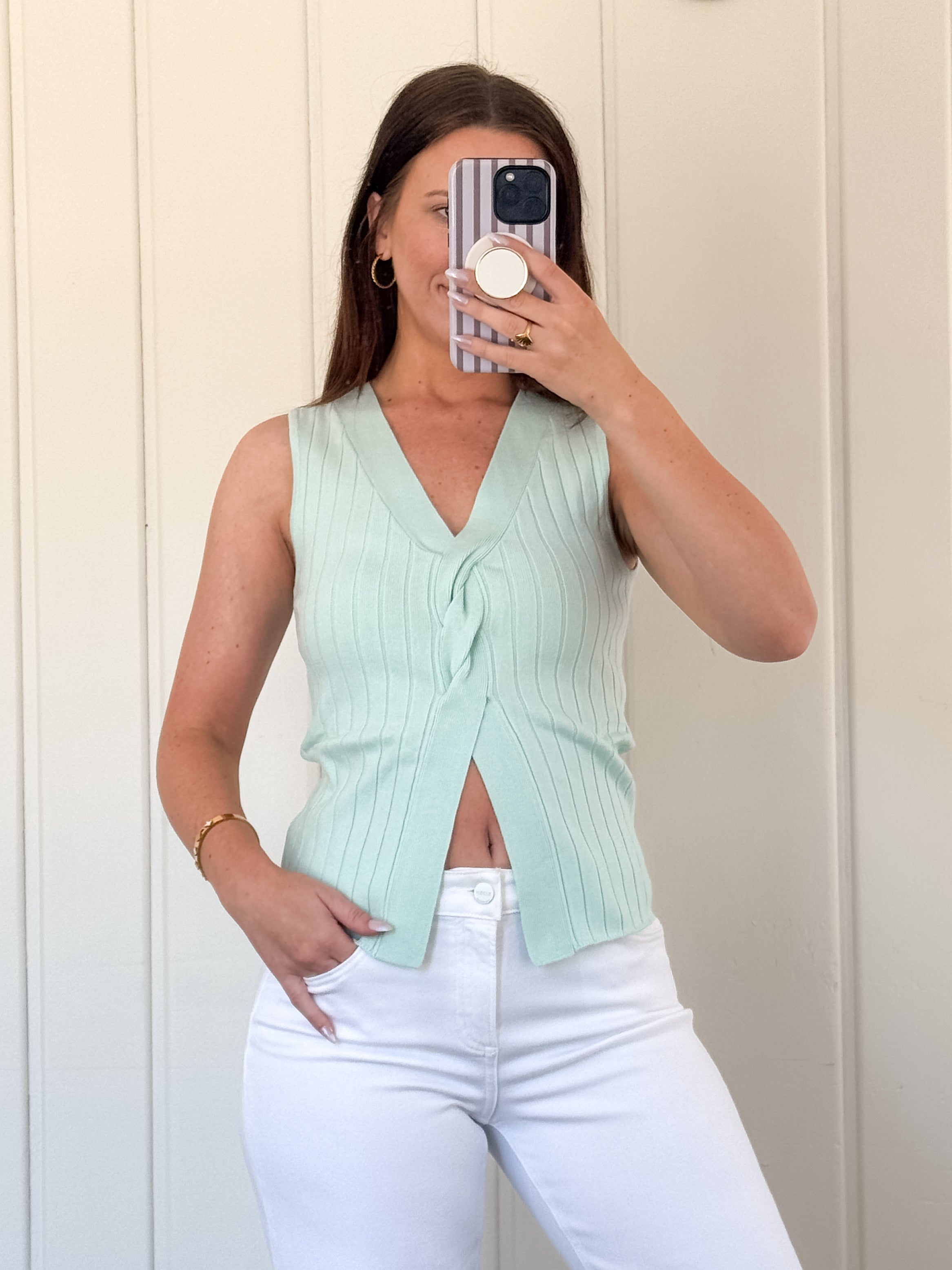 Mint Twisted Front V-neck Sleeveless Sweater Top