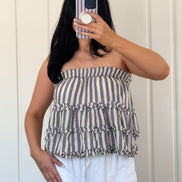 Navy Ruffled Tiered Stripe Strapless Top