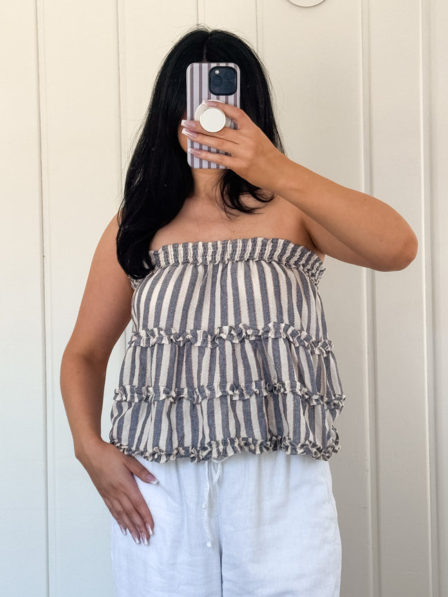 Navy Ruffled Tiered Stripe Strapless Top