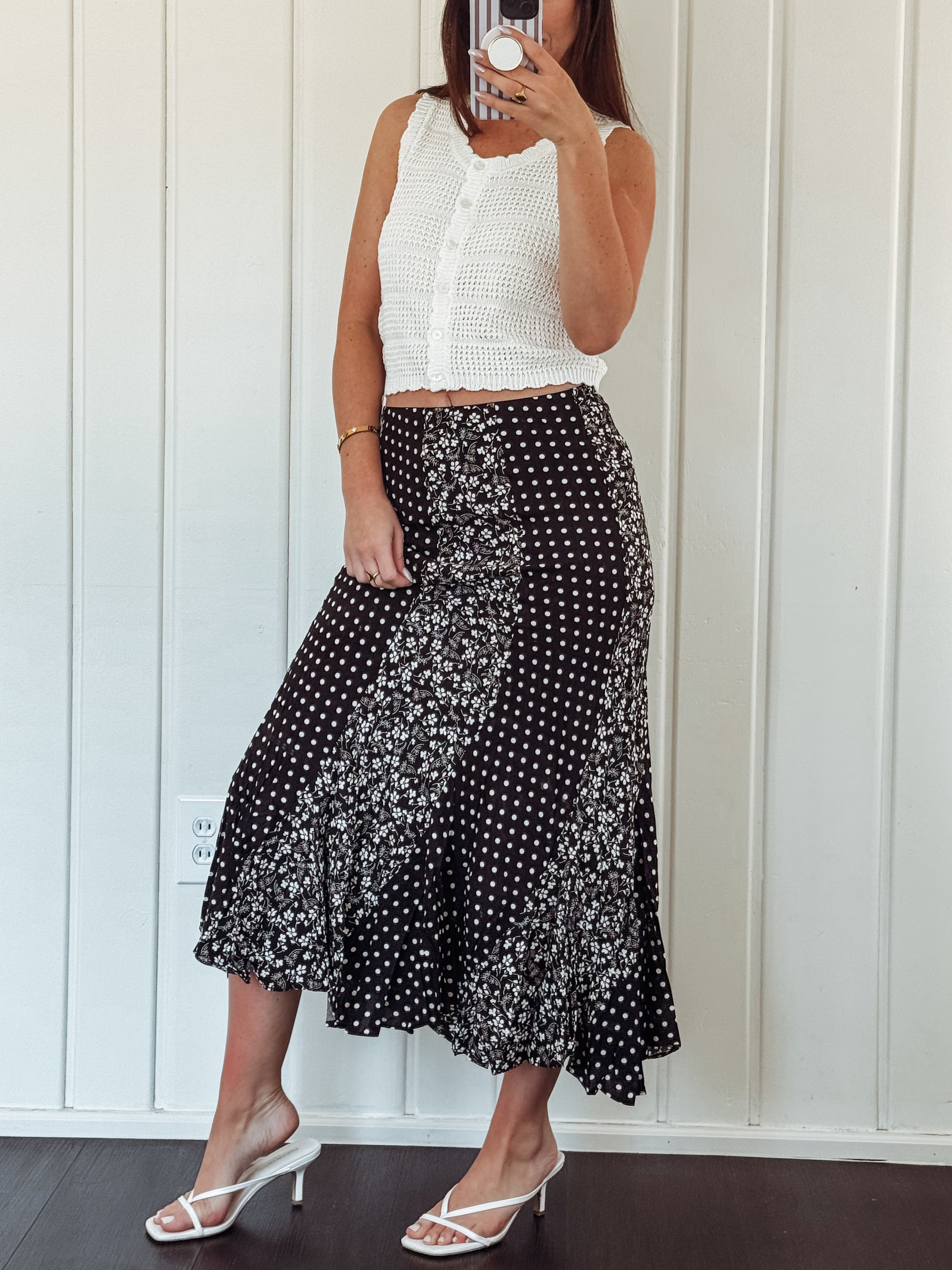 Black Polka Dot Floral Mix Maxi Skirt