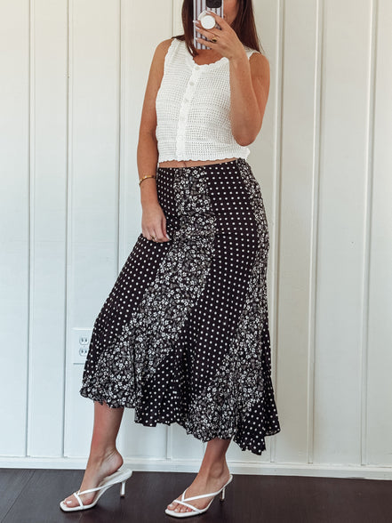 Black Polka Dot Floral Mix Maxi Skirt