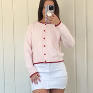Baby Pink/Red Sweetheart Button Trim Knit Cardigan