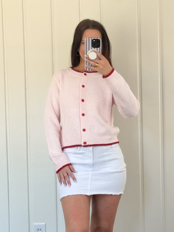 Baby Pink/Red Sweetheart Button Trim Knit Cardigan