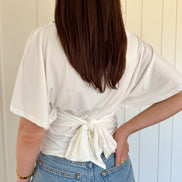 White Draped Short Sleeve Back Tie Top