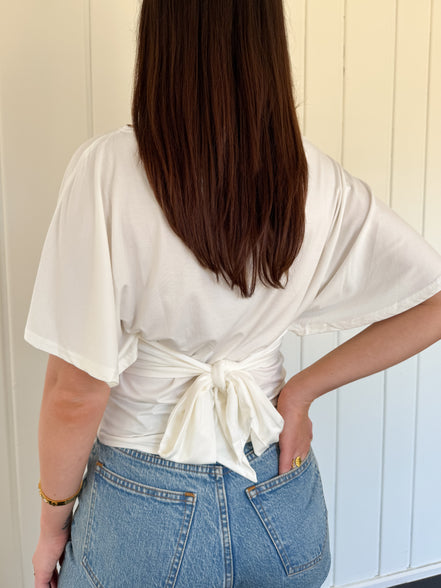White Draped Short Sleeve Back Tie Top