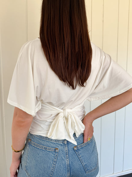 White Draped Short Sleeve Back Tie Top