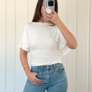White Draped Short Sleeve Back Tie Top