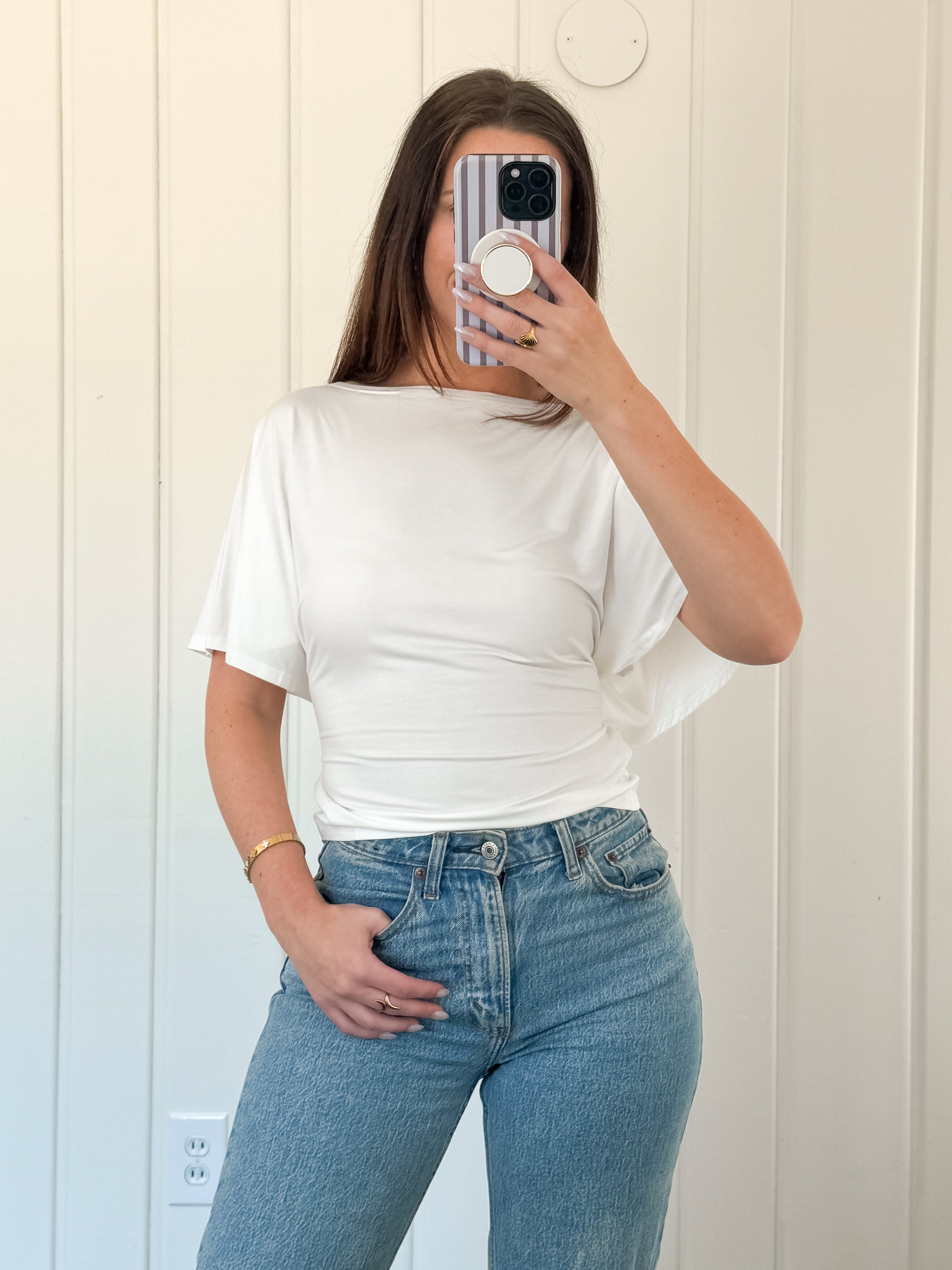 White Draped Short Sleeve Back Tie Top