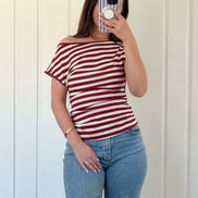 Burgundy Stripe Draped Asymmetric Top