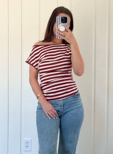 Burgundy Stripe Draped Asymmetric Top