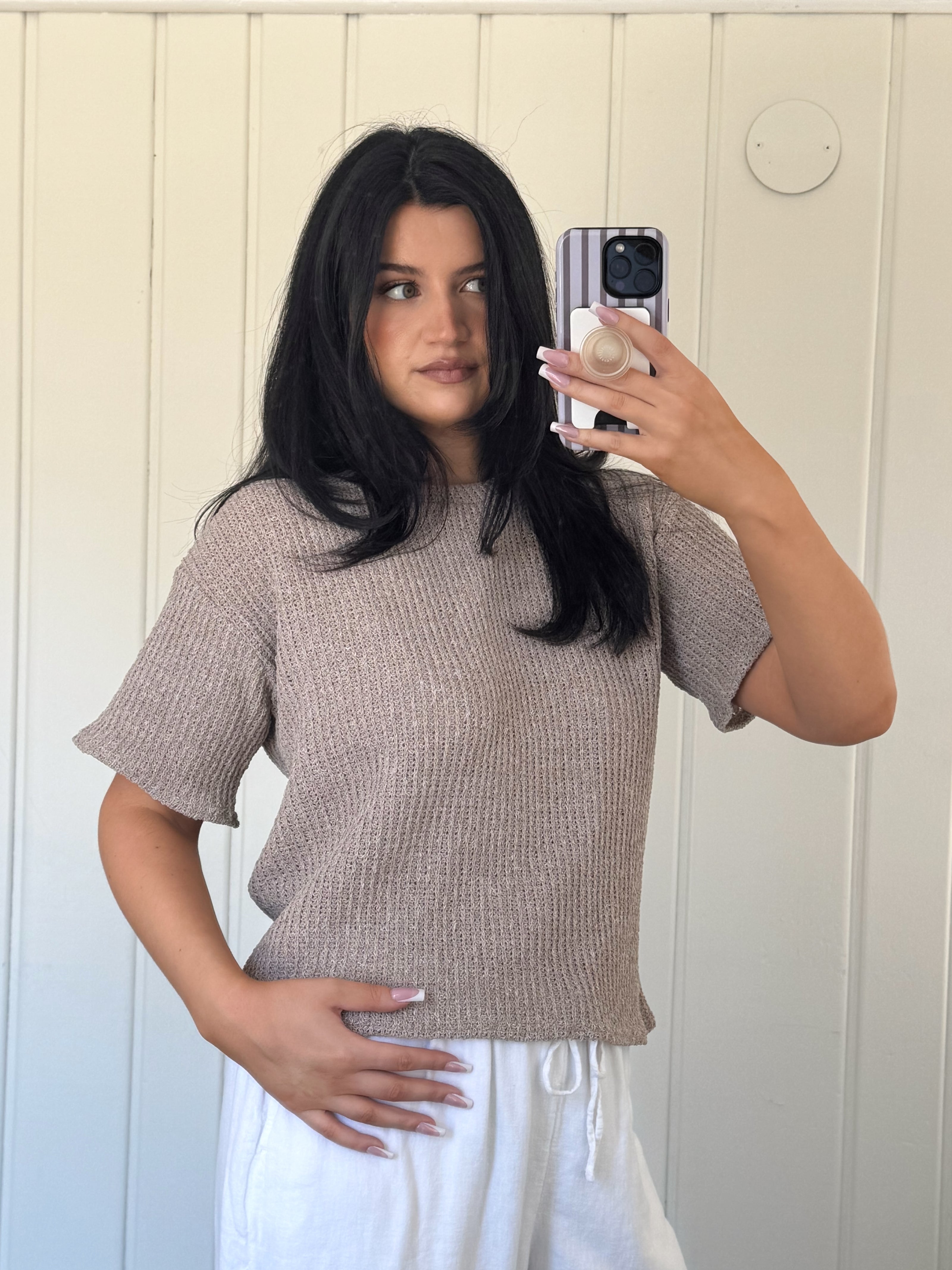 Oatmeal Crew Neck Drop Shoulder Short Sleeve Boucle Top