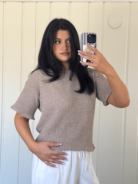 Oatmeal Crew Neck Drop Shoulder Short Sleeve Boucle Top