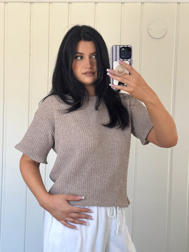 Oatmeal Crew Neck Drop Shoulder Short Sleeve Boucle Top