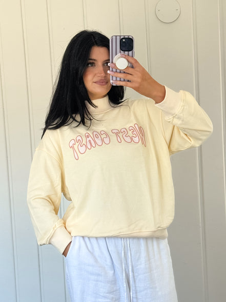 Butter Yellow "West Coast" Contrast Mock Neck Sweatshirt