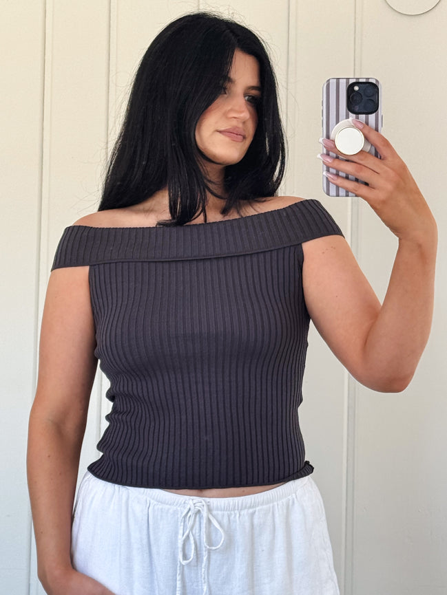 Charcoal Soft Rib Off Shoulder Top