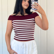 Burgundy Off Shoulder Stripe Knit Top