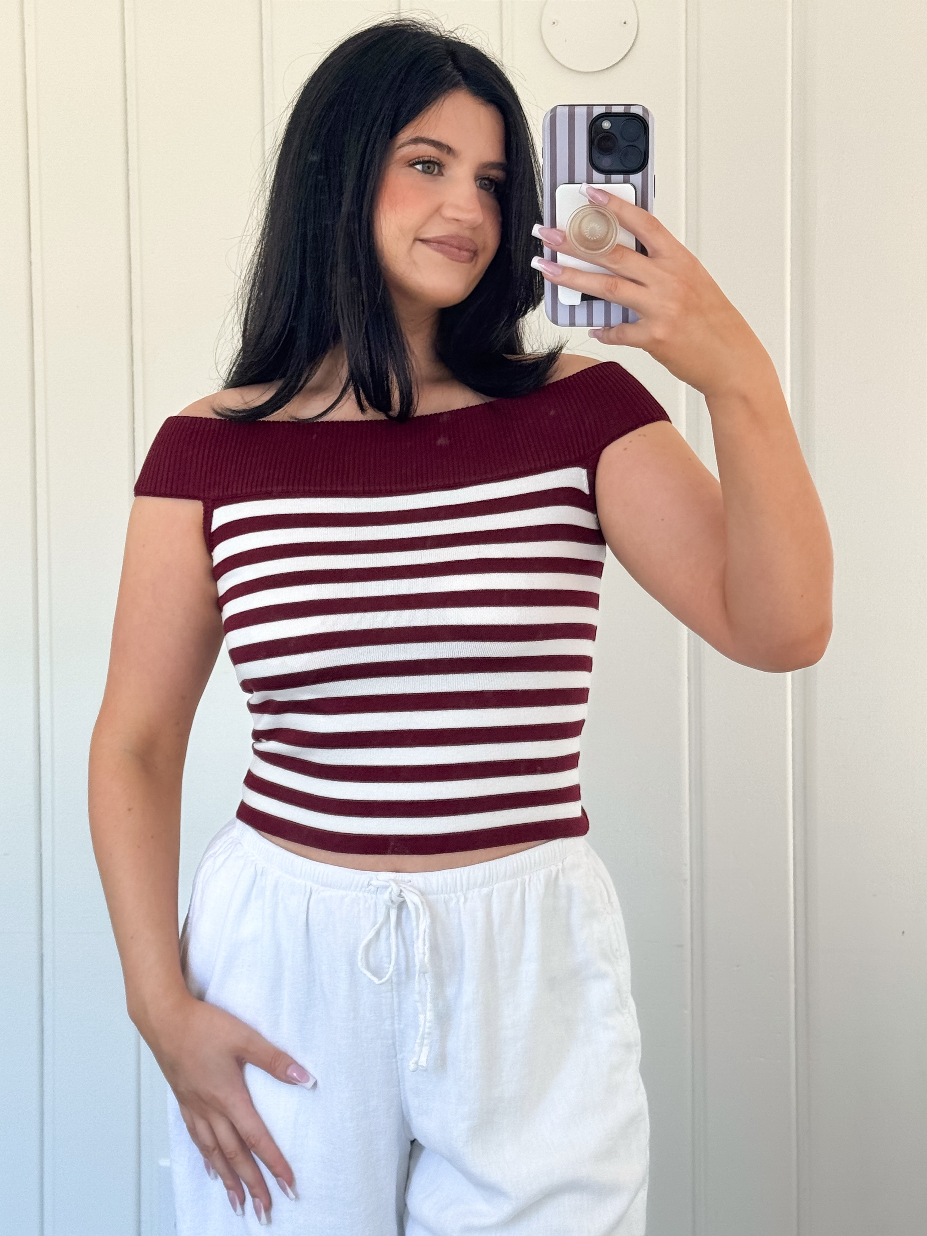 Burgundy Off Shoulder Stripe Knit Top