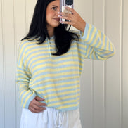 Blue/Yellow Stripe Rolled Hemline Detail Half Button Sweater