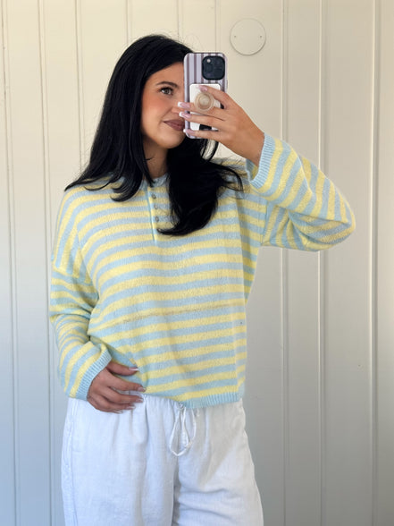 Blue/Yellow Stripe Rolled Hemline Detail Half Button Sweater
