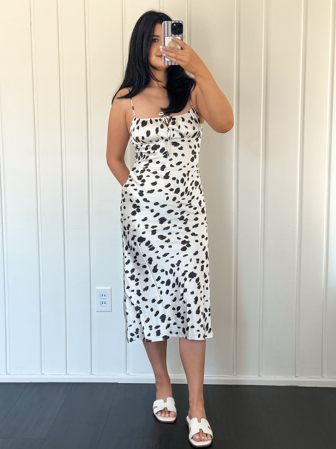 Cream/Black Spotted Print Midi Dress