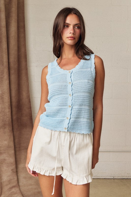 Crochet Knit Scoop Neck Button Down Top