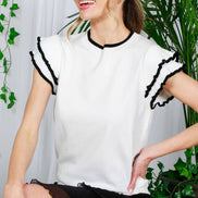 Crew Neck Short Ruffle Sleeve Detail Sweater Top