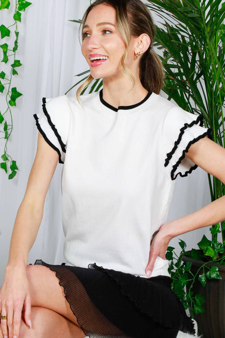 Crew Neck Short Ruffle Sleeve Detail Sweater Top