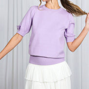 Bow Design Puff Sleeve Crew Neck Knitted Sweater Top
