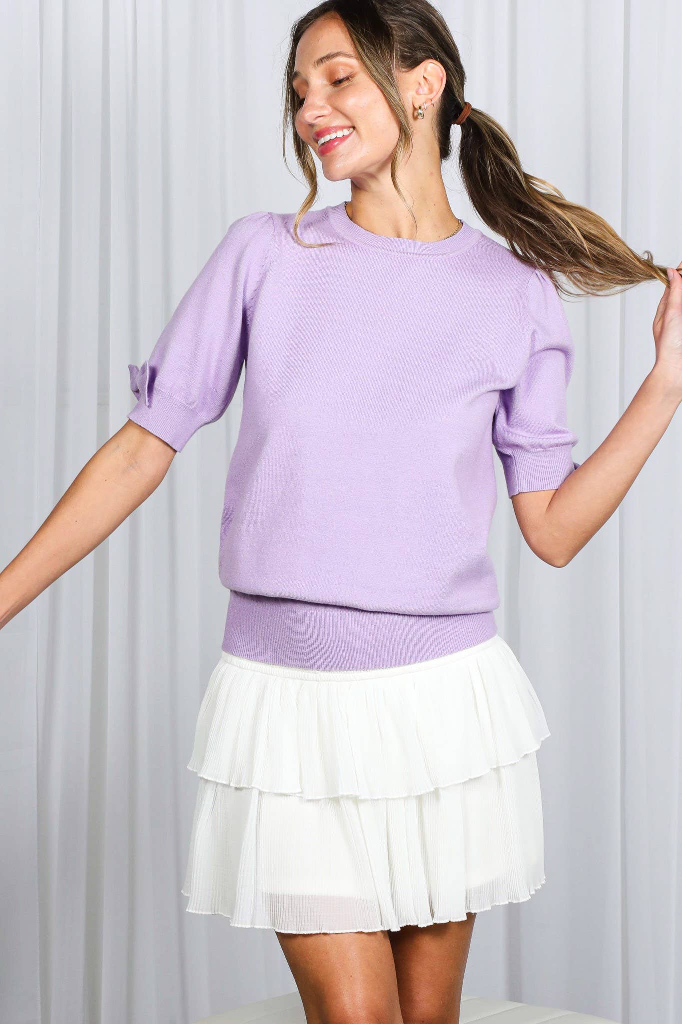 Bow Design Puff Sleeve Crew Neck Knitted Sweater Top