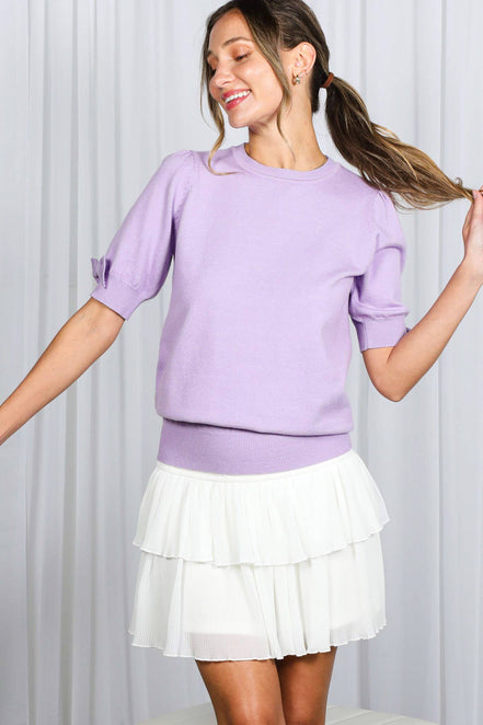 Bow Design Puff Sleeve Crew Neck Knitted Sweater Top