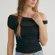 Black Ruched Mesh Off Shoulder Top