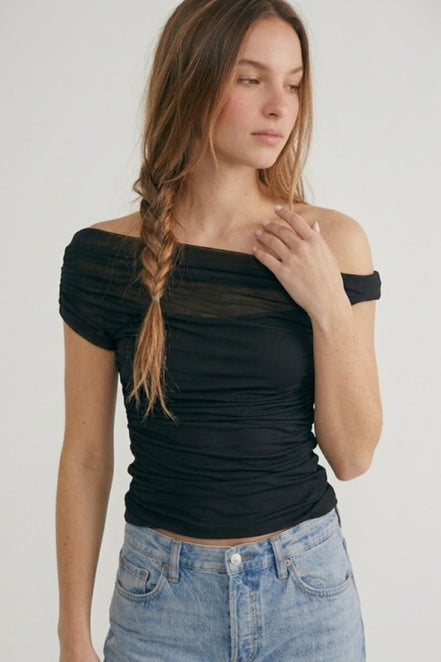 Black Ruched Mesh Off Shoulder Top