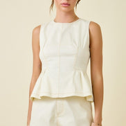 Cream Sleeveless Peplum & Stitch Denim High Waisted Short Set