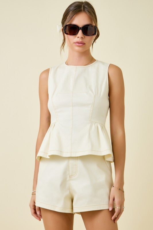 Cream Sleeveless Peplum & Stitch Denim High Waisted Short Set