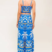 Blue Tropical Printed Woven Crop Top and Pant Set