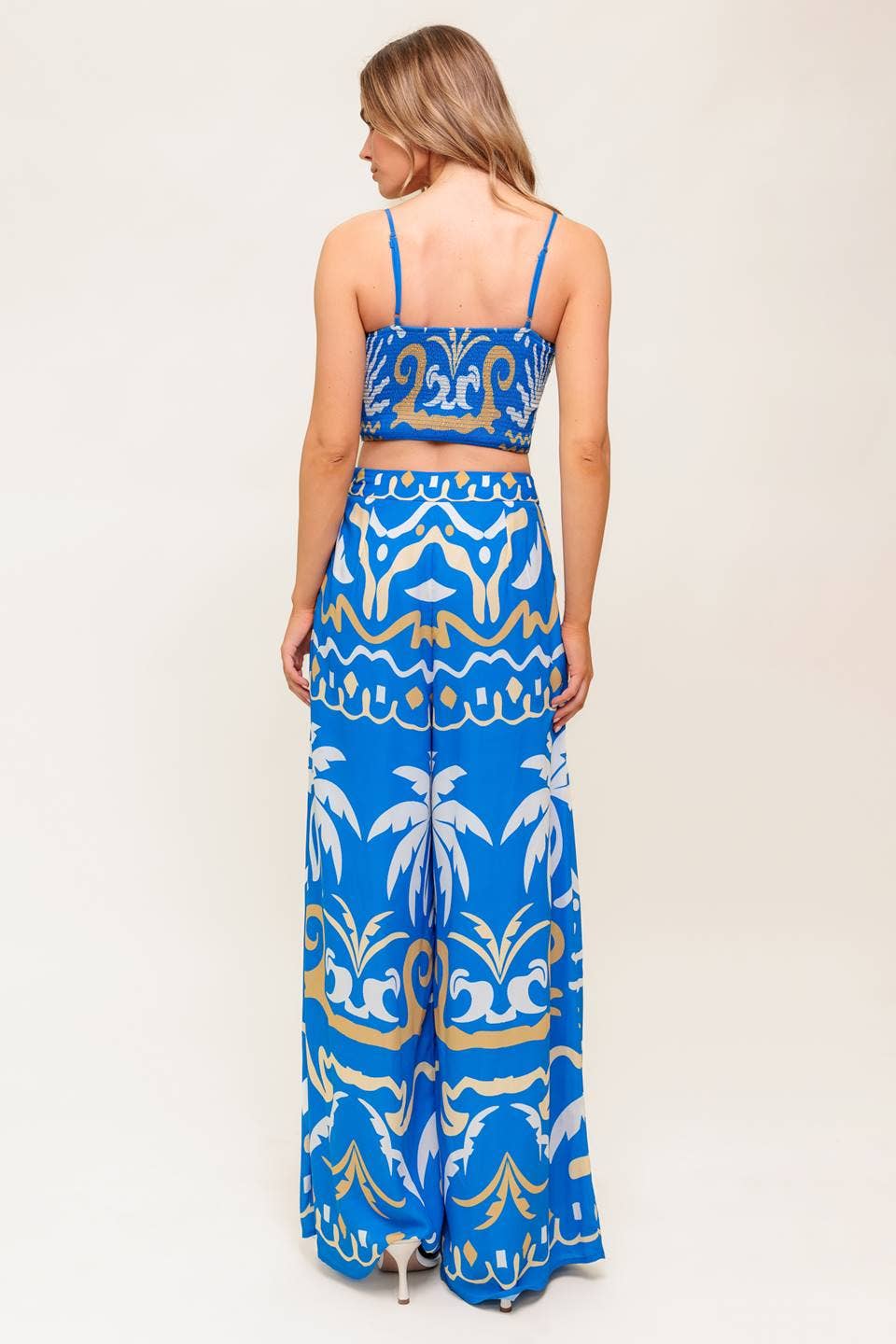 Blue Tropical Printed Woven Crop Top and Pant Set