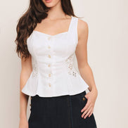 White Embroidered Eyelet Sweetheart Button Down Top