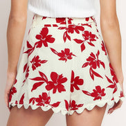 Red/Cream Floral Printed Short with Scalloped Edge
