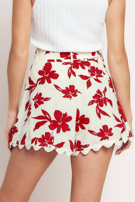 Red/Cream Floral Printed Short with Scalloped Edge