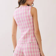 Gingham Print Front Button Down Closure Top & Short Set