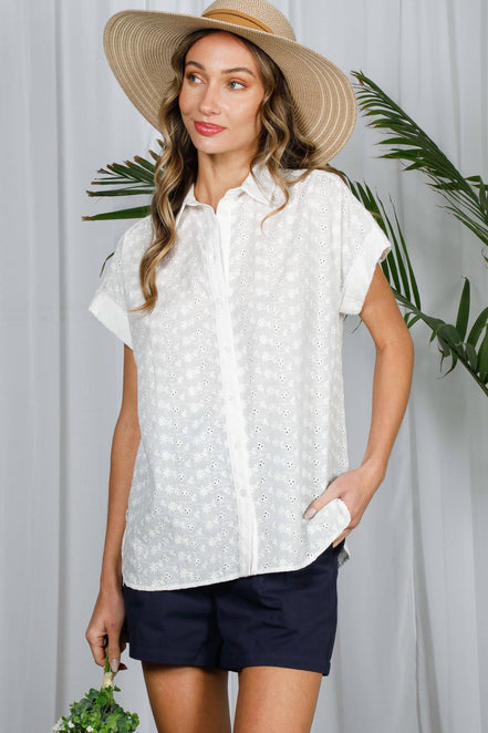Floral Embroidered 100%Cotton Eyelet Lace Blouse Top