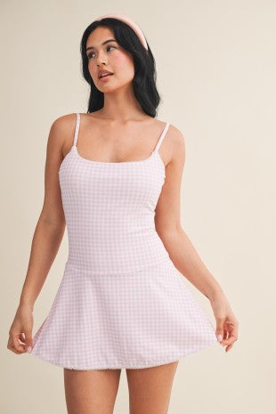 Pink Gingham Lace Trim Ruffle Mini Dress